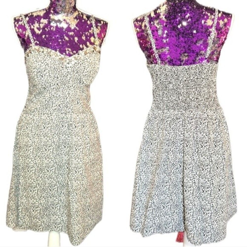 American Rag Y2K Large White & Black Leopard print mini dress with gemstone trim